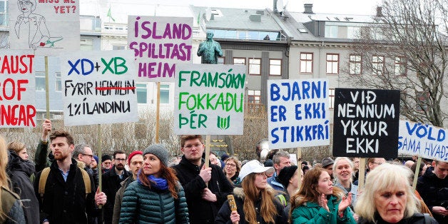 People demonstrate against Iceland's Prime Minister Sigmundur David Gunnlaugsson in Reykjavik, Iceland April 5, 2016. Gunnlaugsson became the first major casualty of the Panama Papers revelations, stepping down on Tuesday after leaked files showed his wife owned an offshore firm with big claims on the country's collapsed banks. REUTERS/Stigtryggur Johannsson