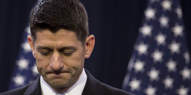 U.S. House Speaker Paul Ryan, a Republican from Wisconsin, pauses while speaking at the Capitol in Washington, D.C., U.S., on Wednesday, March 23, 2016. Ryan's call in a speech on Wednesday for elevating the political debate to inspire and unite Republicans carried a huge, unspoken subtext: Donald Trump. Photographer: Drew Angerer/Bloomberg via Getty Images 