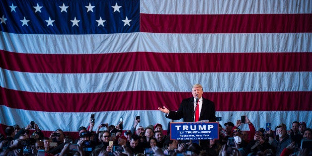 ROCHESTER, NY - APRIL 10: Republican presidential candidate Donald Trump speaks during a campaign event at JetSmart Aviation