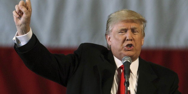 U.S. Republican presidential candidate Donald Trump speaks during a campaign event at an airplane hanger in Rochester, New Yo