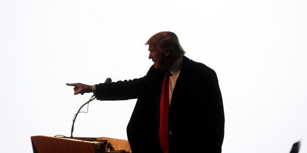 Republican presidential candidate Donald Trump speaks during a rally at JetSmart Aviation Services on Sunday, April 10, 2016, in Rochester, N.Y. (AP Photo/Mike Groll)