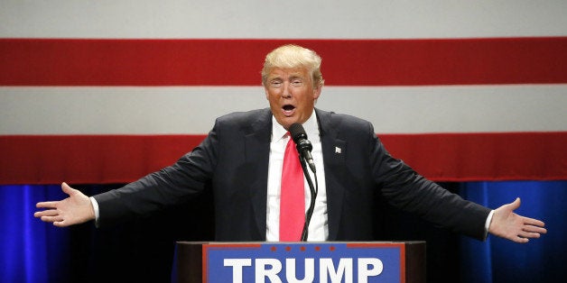 Republican presidential candidate Donald Trump addresses the crowd during a rally at the Milwaukee Theatre Monday, April 4, 2016, in Milwaukee. (AP Photo/Charles Rex Arbogast)