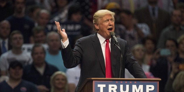 Donald Trump, president and chief executive of Trump Organization Inc. and 2016 Republican presidential candidate, speaks during a campaign event in New York, U.S., on Monday, April 18, 2016. Trump is accused in a lawsuit of inciting a 'virtual mob' to bully a female political strategist into silence after the fellow Republican questioned his fitness for office. Photographer: Ty Wright/Bloomberg via Getty Images 