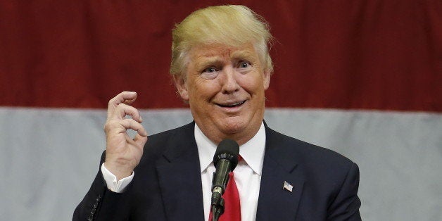 U.S. Republican presidential candidate Donald Trump speaks at a campaign event in an airplane hangar in Rome, New York April