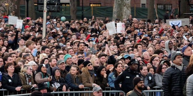 NEW YORK, NEW YORK - APRIL 13: Attendees await the start of a campaign event for Democratic presidential candidate U.S. Sena