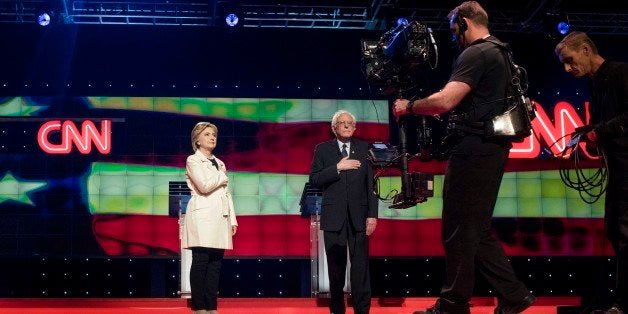 BROOKLYN, NY - Former Secretary of State Hillary Clinton and Senator Bernie Sanders appear on stage just before the CNN Democratic Presidential Primary Debate at the Brooklyn Navy Yard in Brooklyn, New York on Thursday April 14, 2016. (Photo by Melina Mara/The Washington Post via Getty Images)