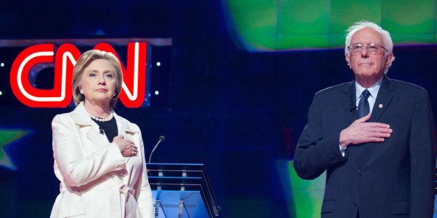 BROOKLYN, NY, UNITED STATES - 2016/04/14: Hillary Clinton and Bernie Sanders at CNN during the democratic presidential debate. at the democratic presidential debate. (Photo by Louise Wateridge/Pacific Press/LightRocket via Getty Images)