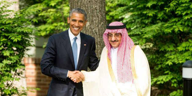President Barack Obama shakes hands with Saudi Arabia Crown Prince Mohammed bin Nayef after meeting with Gulf Cooperation Council leaders at Camp David in Maryland, Thursday, May 14, 2015. Obama and the leaders from six Gulf nations are trying to work through tensions sparked by the U.S. bid for a nuclear deal with Iran, a pursuit that has put regional partners on edge. (AP Photo/Andrew Harnik)