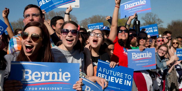 Supporters cheer as Democratic presidential candidate Bernie Sanders, I-Vt., speaks during a campaign rally in Prospect Park, Sunday, April 17, 2016, in the Brooklyn borough of New York. (AP Photo/Mary Altaffer)