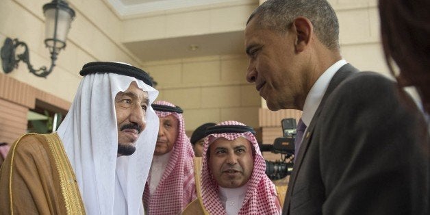 RIYAD, SAUDI ARABIA - APRIL 20: US President Barack Obama (R) shakes hands with Saudi King Salman bin Abdulaziz Al Saud at Erga Palace in Riyadh, on April 20, 2016. During his two-day visit, Obama is to attend a Gulf summit. (Photo by Pool / Bandar Algaloud/Anadolu Agency/Getty Images)