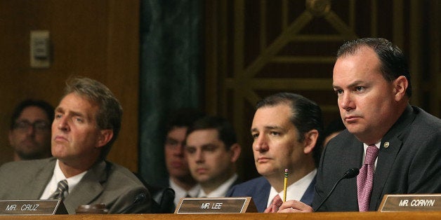 WASHINGTON, DC - JULY 21: (L-R) Senators Jeff Flake (R-AZ), Ted Cruz (R-TX) Mike Lee (R-UT) and John Cornyn (R-TX) listen to testimony during a Senate Judiciary Committee hearing on Capitol Hill, July 21, 2015 in Washington, DC. The committee heard testimony from family members who have had loved ones killed by illegal immigrants. (Photo by Mark Wilson/Getty Images)