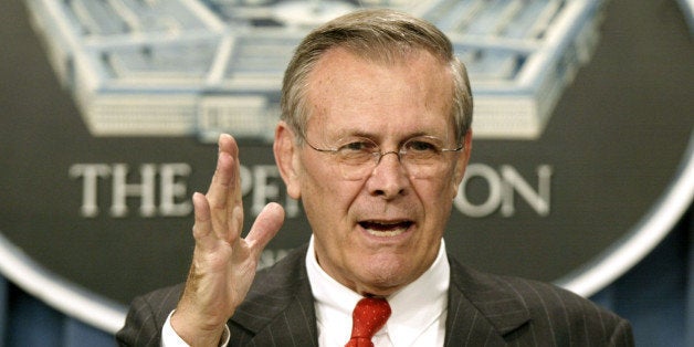 Secretary of Defense Donald Rumsfeld makes a point during a briefing atthe Pentagon April 3, 2002. Rumsfeld denied broadcast reportssuggesting the U.S. military might pressure captured senior al Qaedaleader Abu Zubaydah with threats of turning him over to another countryto be tortured. REUTERS/Kevin LamarqueKL/SV