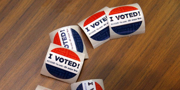 Voting stickers at First Presbyterian Church in River Forest on Tuesday, March 15, 2016 in Chicago. (Jose M. Osorio/Chicago T