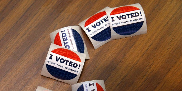 Voting stickers at First Presbyterian Church in River Forest on Tuesday, March 15, 2016 in Chicago. (Jose M. Osorio/Chicago Tribune/TNS via Getty Images)