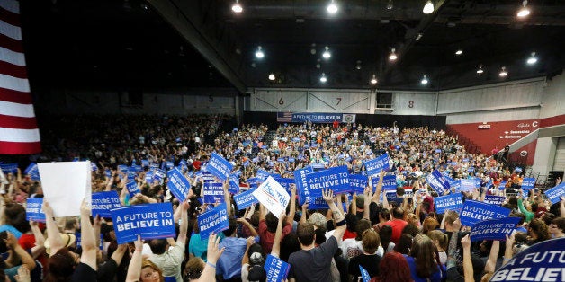 Supporters of Democratic U.S. presidential candidate and U.S. Senator Bernie Sanders cheer during his five state primary nigh