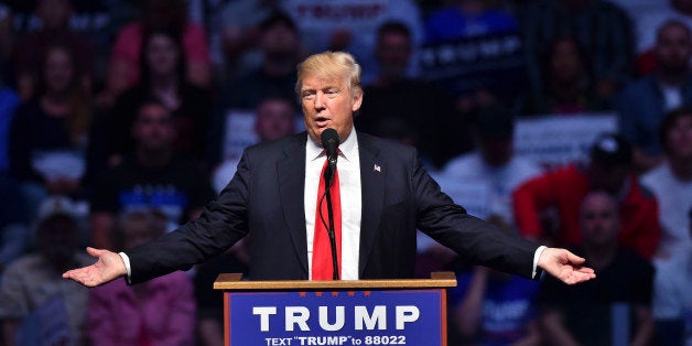 INDIANAPOLIS, IN - APRIL 27: Republican presidential candidate Donald Trump addresses his supporters during a rally at the In