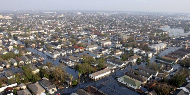 New Orleans, Louisiana on Saturday, September 3, 2005. The city remains under water as military helicopters evacuate people. (Photo by Daniel J. Barry/WireImage)