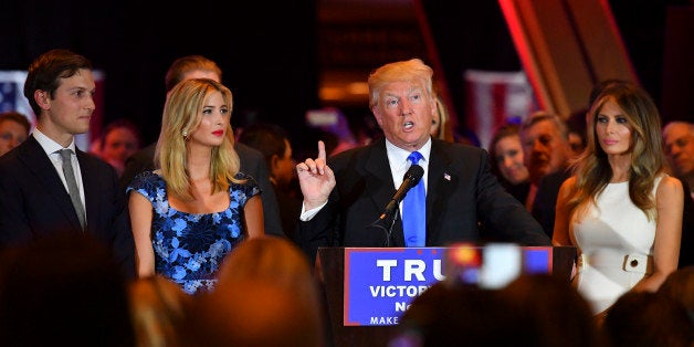NEW YORK, NY - MAY 3: Surrounded by his supporters and family, Republican presidential candidate Donald Trump addresses the m