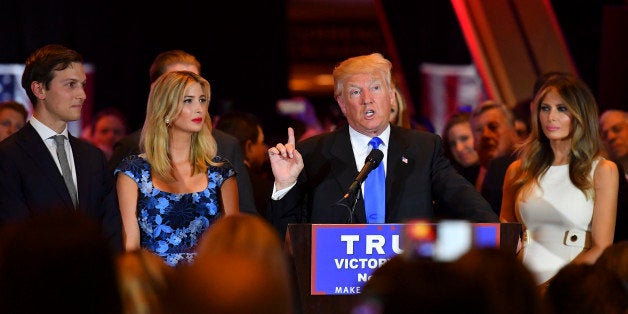 NEW YORK, NY - MAY 3: Surrounded by his supporters and family, Republican presidential candidate Donald Trump addresses the media at Trump Tower following primary election results on May 3, 2016 in New York, NY. (Photo by Ricky Carioti/The Washington Post via Getty Images)