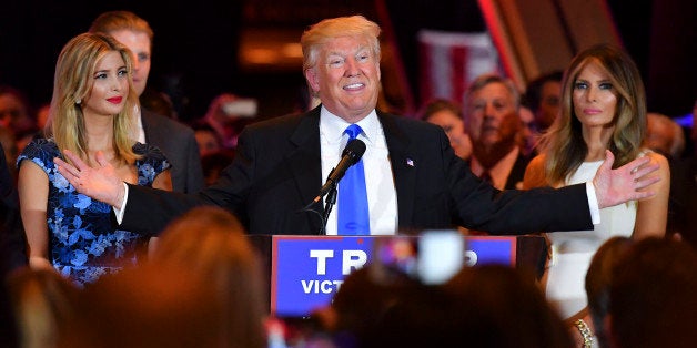 NEW YORK, NY - MAY 3: Surrounded by his supporters and family, Republican presidential candidate Donald Trump addresses the m