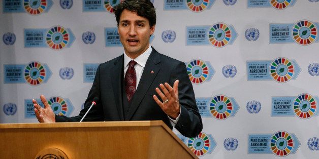 Canadian Prime Minister Justin Trudeau speaks during a press conference at the United Nations after the Opening Ceremony of the High-Level Event for the Signature of the Paris Agreement April 22, 2016 in New York. / AFP / KENA BETANCUR (Photo credit should read KENA BETANCUR/AFP/Getty Images)