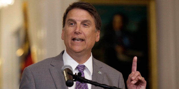 FILE - In this May 9, 2016 file photo, North Carolina Gov. Pat McCrory speaks during a news conference in Raleigh, N.C. Four years ago, North Carolina was the one that got away for Democrats, the only battleground state President Barack Obama didnât carry in his resounding re-election triumph. Now, with Donald Trump at the top of the Republican ticket and state GOP officials embroiled in a contentious fight over transgender rights, Democrats see a ripe opportunity for likely nominee Hillary Clinton to grab North Carolina back in November, as well as boost her partyâs prospects in competitive races for Senate and governor. (AP Photo/Gerry Broome, File)