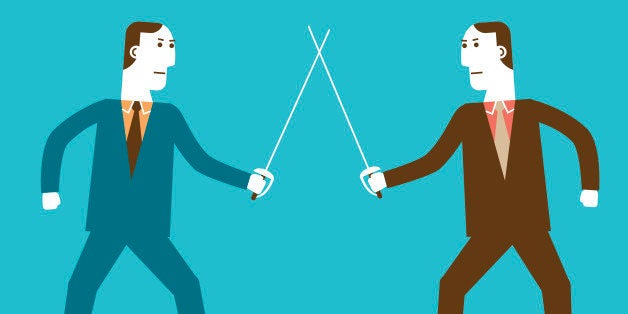 Business concept illustration of two businessmen in fencing stance holding sabers.