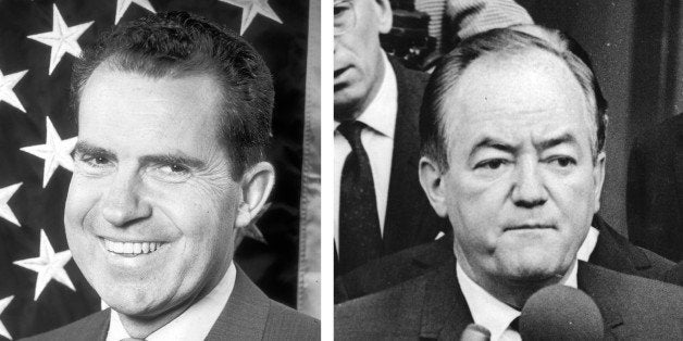 (FILE PHOTO) In this composite image a comparison has been made between former US Presidential Candidates Richard Nixon (L) and Hubert Humphrey. In 1968 Richard Nixon won the presidential election to become the President of the United States. ***LEFT IMAGE*** 1960: Republican presidential candidate Vice-President Richard Nixon (1913 -1994) laughing as he poses in front of the stars and stripes in 1960. (Photo by Keystone/Getty Images) ***RIGHT IMAGE*** 1970: American Democratic politician Hubert Humphrey (1911 - 1978) talks to the press in 1970. (Photo by Hulton Archive/Getty Images)