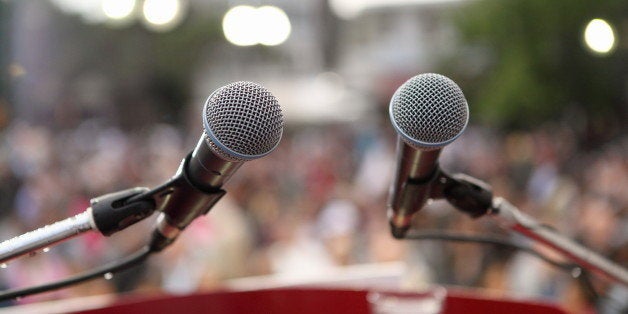 Microphones at political rally.