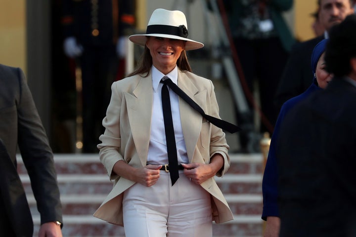 The former model received similar attention for wearing this beige suit and hat in Egypt. She urged the public to “focus on what I do, not what I wear."