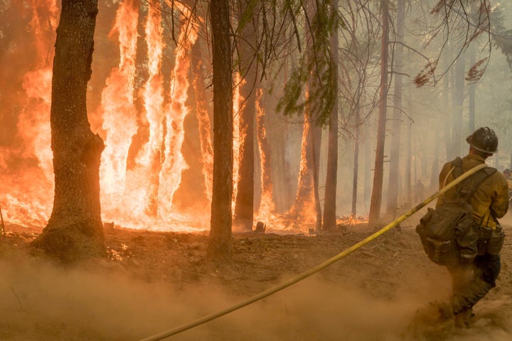 A firefighter fights a blaze near Yosemite National Park in August.