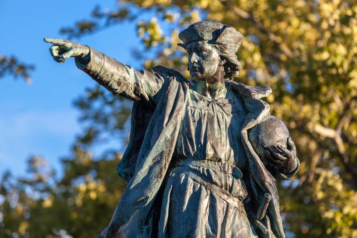 A bronze statue of Christopher Columbus stands in Providence, Rhode Island.