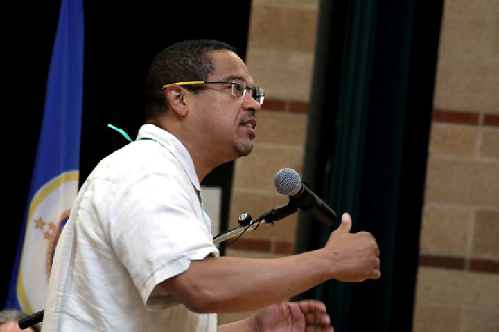 Rep. Keith Ellison speaks at the Democratic-Farmer-Labor Party endorsement convention in Minneapolis on June 17, 2018.