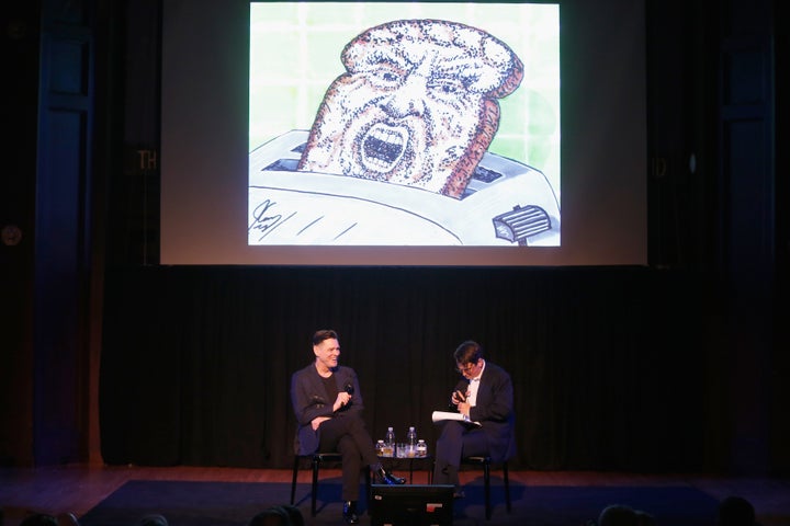 Carrey and Stokes discuss some of the comedian’s political cartoons during the 2018 New Yorker Festival.