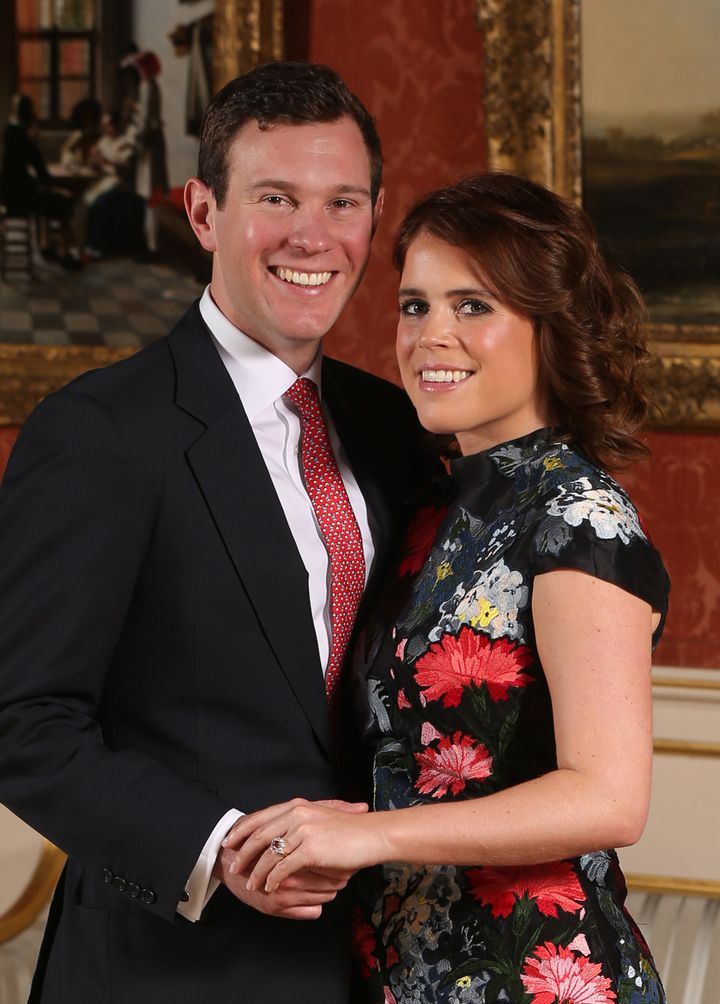 Princess Eugenie and Jack Brooksbank pose at Buckingham Palace in London after they announced their engagement.