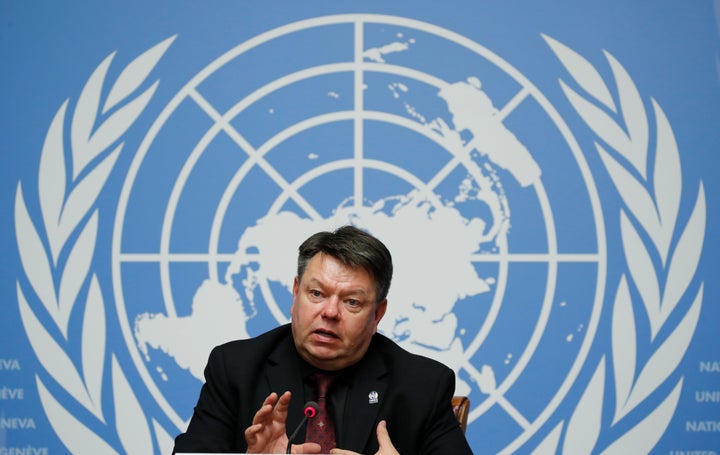 World Meteorological Organization Secretary-General Petteri Taalas attends a news conference in Geneva after the release of the IPCC report, Oct. 8, 2018.