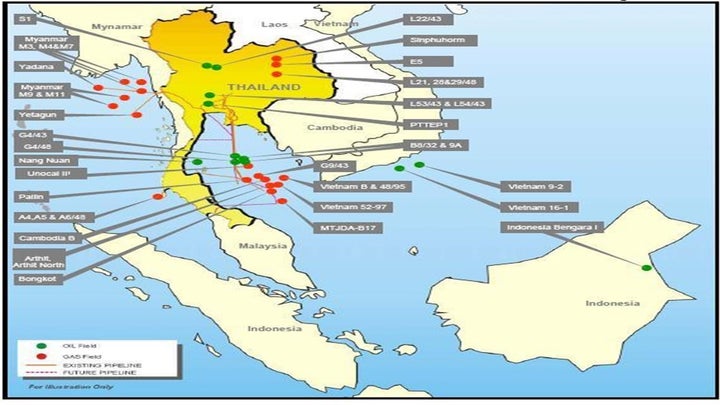 Εικόνα 1. Ενδεικτικά πεδία θαλάσσιων ερευνών υδρογοναθράκων ανατολικά και δυτικά της Ταϊλάνδης