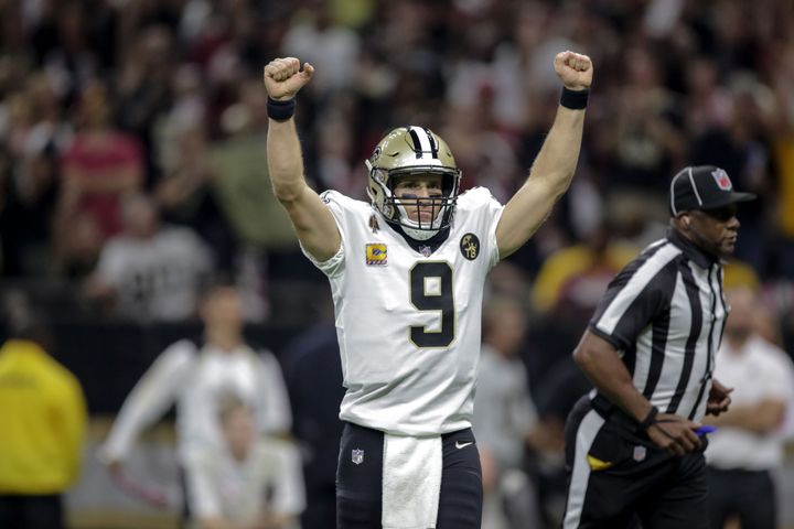 Saints' quarterback Drew Brees eclipsed Peyton Manning’s previous record of 71,940 yards with a 62-yard touchdown pass to rookie Tre’Quan Smith during the second quarter of a 43-19 victory over the Washington Redskins on Monday night.