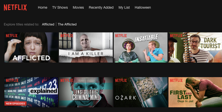 "Afflicted," advertised using an unflattering shot of a documentary subject alongside shows like "I Am a Killer" and "Inside the Criminal Mind."