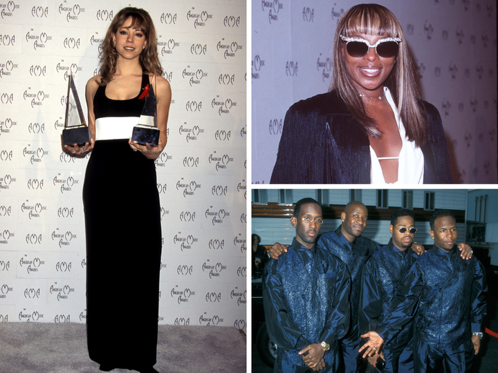 Clockwise from left: Mariah Carey, Mary J. Blige and Boyz II Men at the 1998 American Music Awards. 