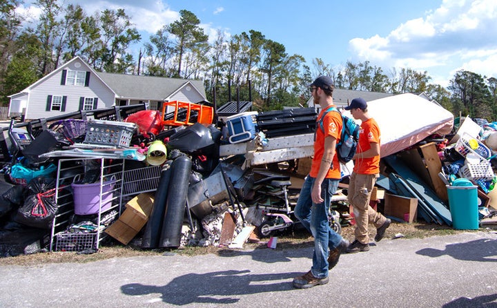 Two Samaritan’s Purse volunteers head to work in Hampstead, North Carolina.