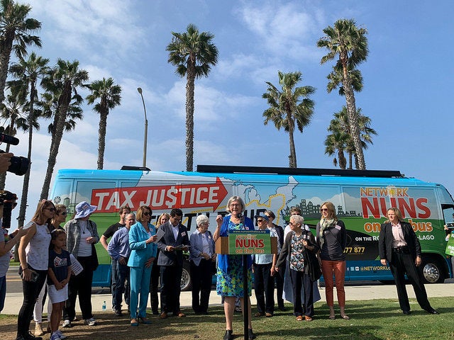 Sister Simone Campbell speaks at the Nuns on the Bus Kickoff Rally in Santa Monica, California, on Oct. 8, 2018.