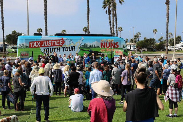 House Minority Leader Nancy Pelosi (D-Calif.) speaks at a Nuns on the Bus rally in California.