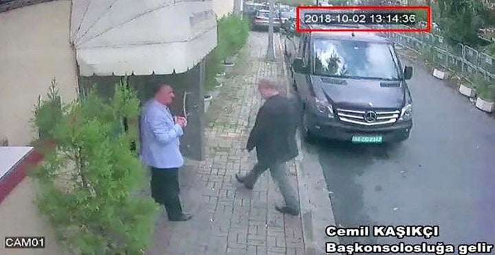 This image taken from CCTV video obtained by the Turkish newspaper Hurriyet and made available on Oct. 9 claims to show Saudi journalist Jamal Khashoggi entering the Saudi consulate in Istanbul Oct. 2.