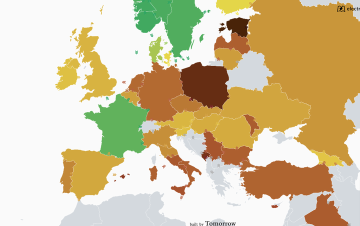 This map shows the nations of Europe ranked by the intensity of carbon pollution from their electricity consumption. Dark green represents the lowest carbon intensity; dark brown is the highest.