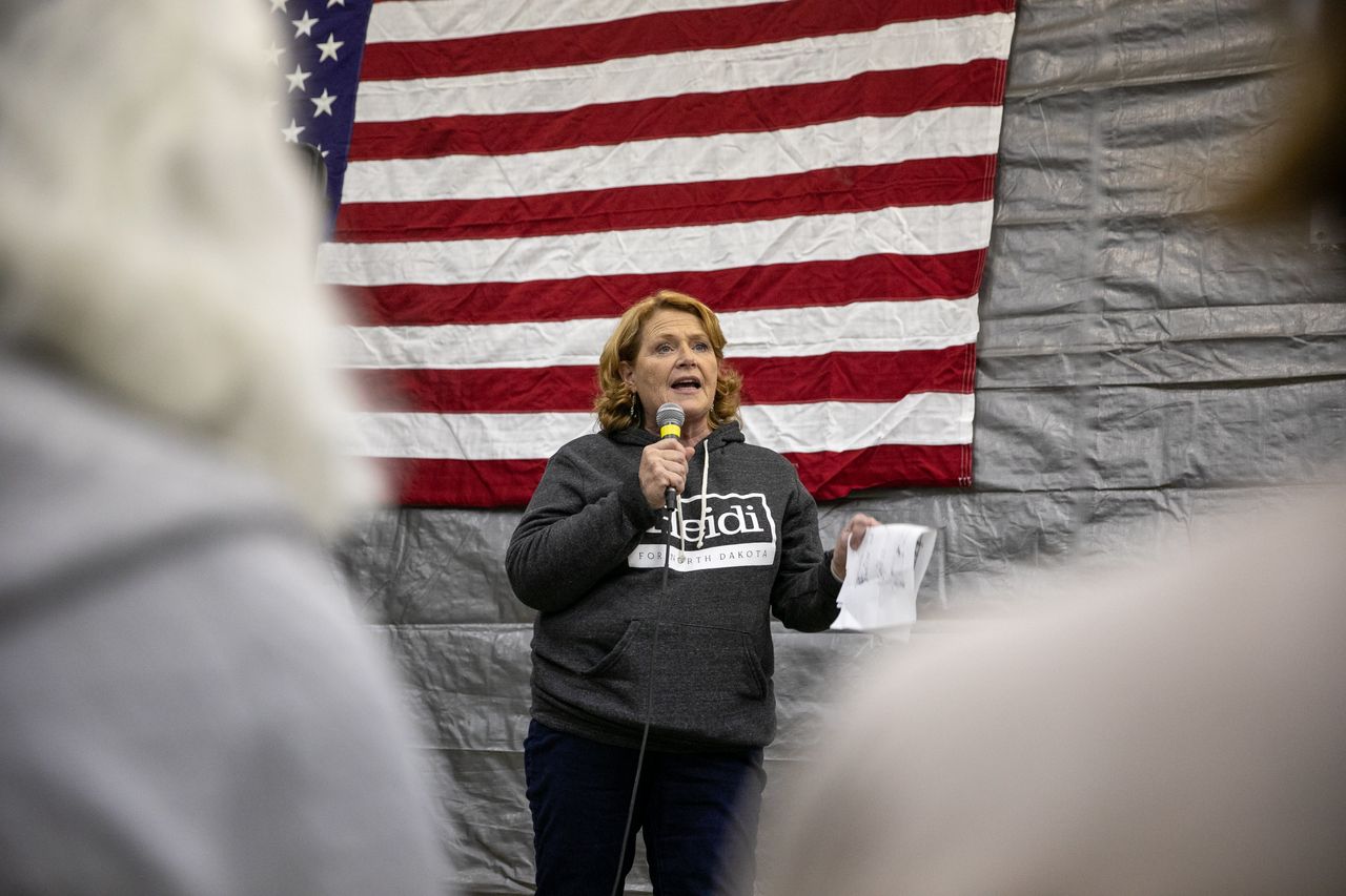 Heitkamp speaks to a packed house of supporters at a rally at Schmidt's Shop in Wyndmere, North Dakota, on Sunday.