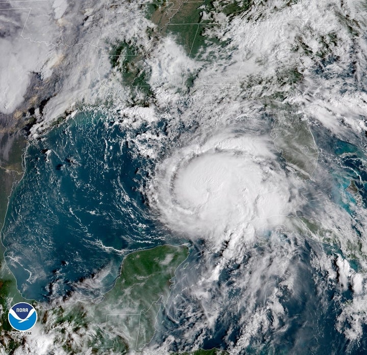 A National Oceanic and Atmospheric Administration satellite image shows Hurricane Michael approaching the Florida Panhandle.