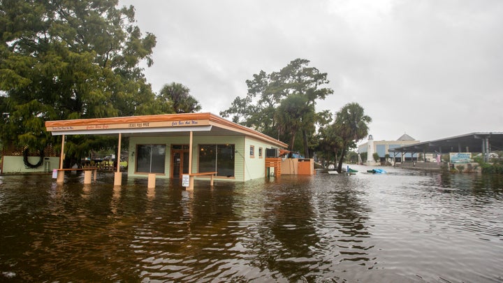 Floodwaters hit the Cooter Stew Cafe in St. Marks, Florida, on Oct. 10, as Hurricane Michael pushes the storm surge up the Wakulla and St. Marks rivers, which come together in the town.