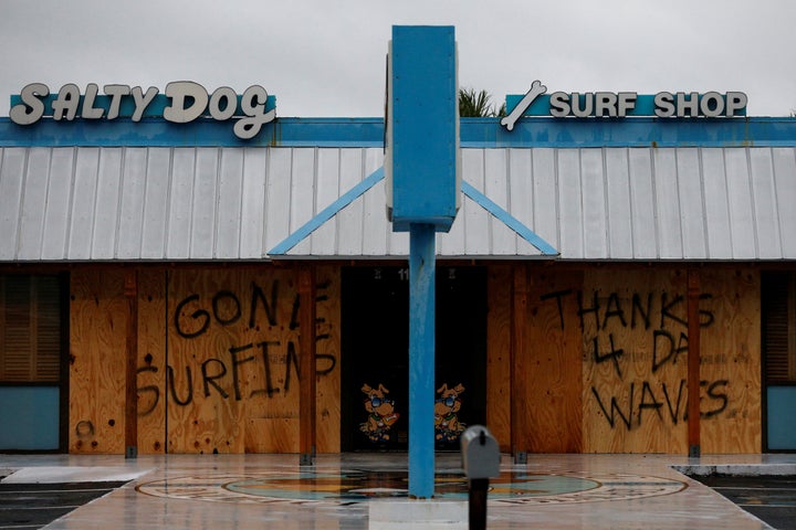 A message has been written on a closed business as Hurricane Michael approaches Panama City Beach, Florida, on Oct. 10.