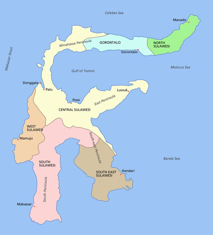 Sulawesi has six provinces, one of which is Central Sulawesi, where Palu is located. Wikimedia Commons, CC BY-SA 
